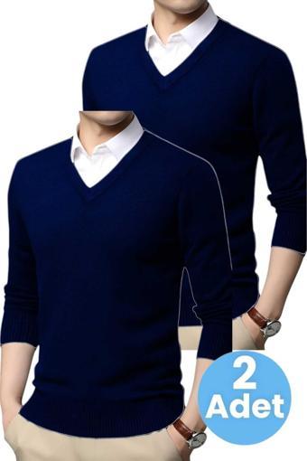 Uniquetrenders 2'Li  Erkek V Yaka Uzun Kol Triko Tüylenmez Süveter Erkek Slim Fit Süveter Lacivert - Lacivert M