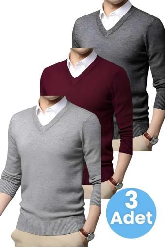 Uniquetrenders 3'Lü   Erkek V Yaka Uzun Kol Triko Tüylenmez Süveter Erkek Slim Fit Süveter Gri - Bordo - Füme 2XL