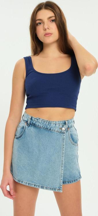 Tek Düğme, fermuarlı Denim Şort Kot Kadın Jean Etek