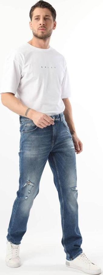 Erkek Yırtık Detaylı Jean Pantolon Mavi