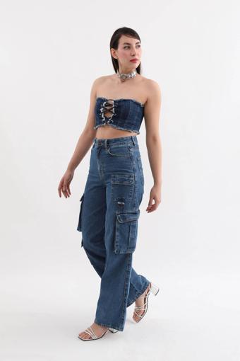 Kadın Baggy Kalıp Kargo Cepli Jean Pantolon Mavi