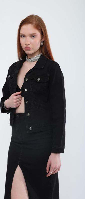 Kadın Cep Detaylı Slim Fit Jean Ceket Siyah