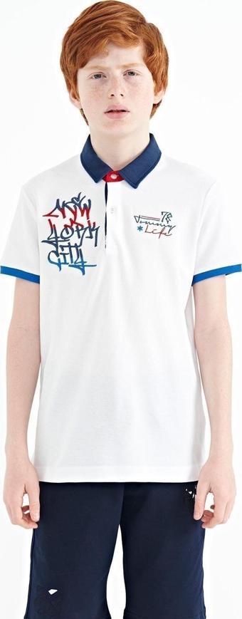 Beyaz Yazı Nakış Detaylı Standart Kalıp Polo Yaka Erkek Çocuk T-Shirt - 11085