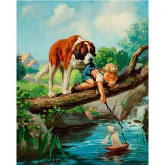 Canvas Köpek ve Çocuğun Dostluğu  Kasnaklı 90 x 110 cm