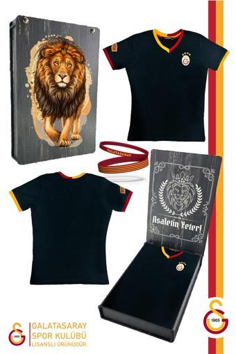 Galatasaray Orijinal Lisanslı Siyah Basic Çocuk T-shirt + Bileklik Set Hediyelik Ahşap K