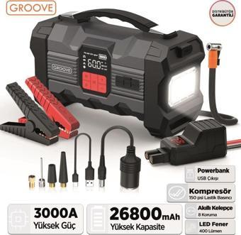 GROOVE ZK004 26800mAh 4500A Akü Takviye Cihazı +Lastik Şişirme Kompresörlü Jump Starter (Powerbank+Led Lamba)
