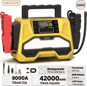 GROOVE F05 42000mAh 8000A Akü Takviye Cihazı+Lastik Şişirme Kompresörlü Jump  Starter+PD 30W Şarj Powerbank