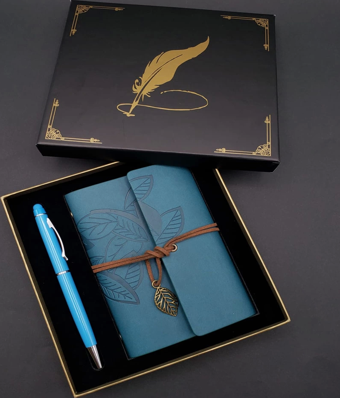 Metal Kalem Ve Mavi Deri Defter