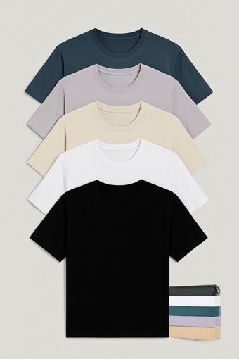 Erkek Regular Fit-5'li Basic Tişört-siyah-beyaz-petrol-lila-bej-%100 Pamuk-bisiklet Yaka 30/1