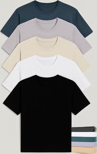 Erkek Regular Fit-5'li Basic Tişört-siyah-beyaz-petrol-lila-bej-%100 Pamuk-bisiklet Yaka 30/1