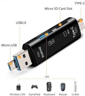Shaza 5in1 Telefon ve Bilgisayar USB Type C Micro Kart Okuyucu OTG Siyah