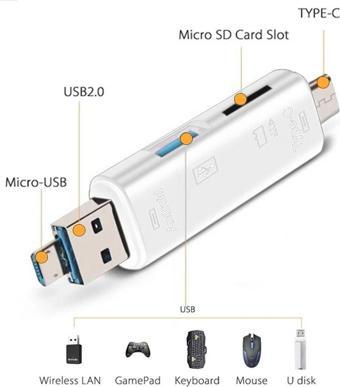 Shaza 5in1 Telefon ve Bilgisayar USB Type C Micro Kart Okuyucu OTG Beyaz
