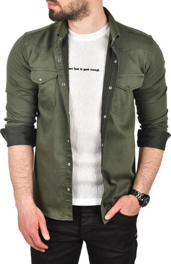 DeepSEA Erkek Haki Slim Fit Pamuklu Cepli Kot Gömlek Çıtçıtlı Uzun Kollu Spor Gömlek 2502503