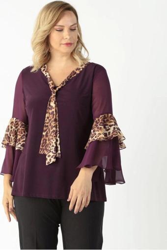 4039 Leopar Desenli Volan Kollu Büyük Beden Bluz Mürdüm
