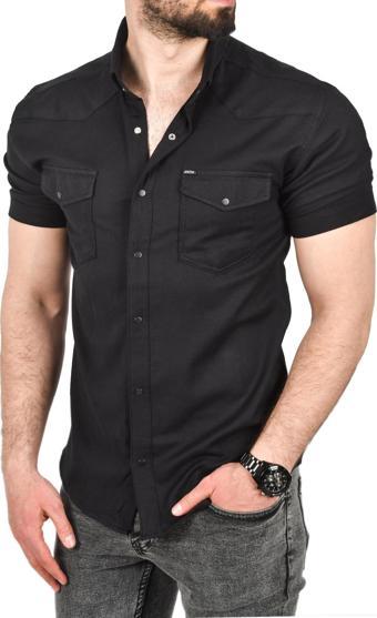 DeepSEA Erkek Siyah Slim Fit Pamuklu Likralı Kısa Kol Gömlek Kolay Ütülenebilir Çıt Çıtlı Cepli Spor Gömlek 2400253