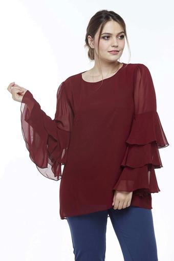 28009 Kolları Fırfırlı Büyük Beden Bluz Bordo