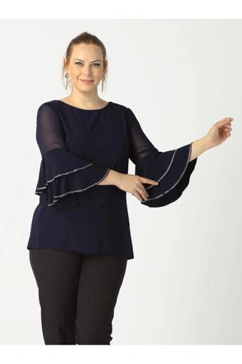 4043 Lacivert Kolları Volanlı Esnek Şık Taşlı Büyük Beden Bluz
