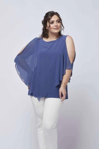 4050 Indigo Taşlı Pelerinli Şifon Büyük Beden Şık Bluz