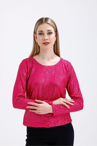Sense İçi Astarlı Pul Payet Abiye Bluz | Blz35497 Fuşya