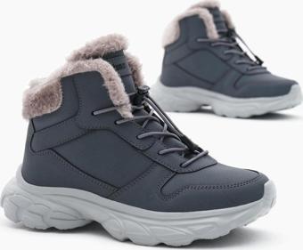 Tonny Black Çocuk Unisex Füme Faylon Taban İçi Kürklü Lastik Bağcıklı Bot