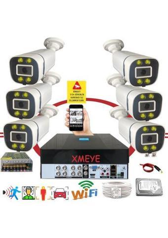 Bises 6 lı Araç Yüz ve İnsan Tanımalı Hareket Algılayan 5 MP Lens 4 Warm Led Gece Renkli Gösteren Güvenlik Kamera Seti BS604W