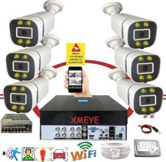 Bises 6 lı Araç Yüz ve İnsan Tanımalı Hareket Algılayan 5 MP Lens 4 Warm Led Gece Renkli Gösteren Güvenlik Kamera Seti BS604W