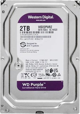 WESTERN DIGITAL PURPLE WD22PURZ 2 TB SATA 6GB/S 7/24 GÜVENLİK HARDDISK  GO50607338790