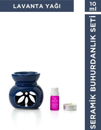Volkan Ates Natural & Beauty Seramik Buhurdanlık Seti Lacivert Renk + Lavandula Angustifolia Saf Lavanta Yağı 10 ml + Mu