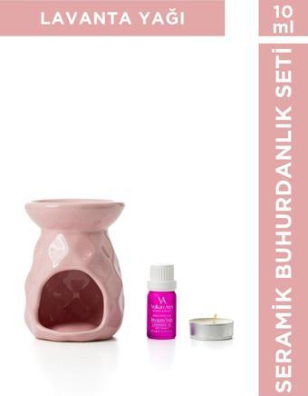 Volkan Ates Natural & Beauty Seramik Buhurdanlık Seti Pembe Renk + Lavandula Angustifolia Saf Lavanta Yağı 10 ml + Mum