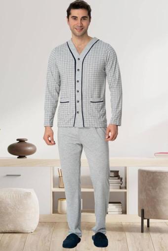 Mecit 22767 Erkek Gri Önden Düğmeli Büyük Beden Pijama Takımı