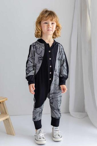 Siyah Gri Ince Triko Geometrik Desenli Kapişonlu Önden Düğmeli Kışlık Unisex Çocuk Tulum Bej
