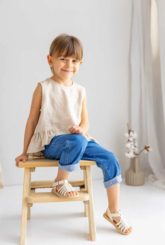 Bej Naturel Keten Kolsuz Uçları Fırfırlı Kız Çocuk Bluz Bej