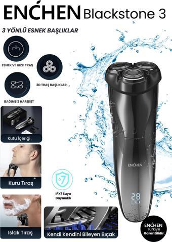 Enchen Xiaomi Blackstone 3 Siyah Çift Yönlü Kavisli Bıçaklı Dijital Ekranlı Suya Dayanıklı Şarjlı Tıraş Makinesi