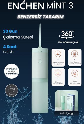 Enchen Mint 3 Yeşil Pratik Kullanımlı Değiştirilebilir Başlıklı 3 Kademeli Şarjlı Ağız Duşu