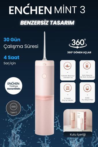 Enchen Mint 3 Pembe Pratik Kullanımlı Değiştirilebilir Başlıklı 3 Kademeli Şarjlı Ağız Duşu