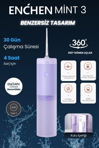 Enchen Mint 3 Lila Pratik Kullanımlı Değiştirilebilir Başlıklı 3 Kademeli Şarjlı Ağız Duşu