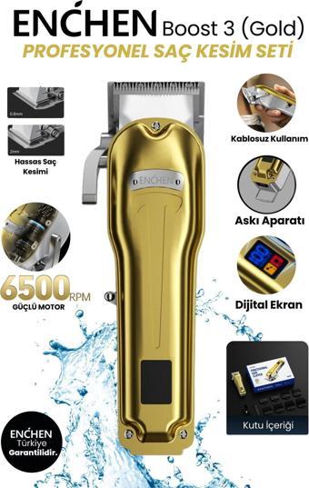 Enchen Boost 3 Gold Ayarlanabilir Başlıklı Dijital Göstergeli Şarjlı Profesyonel Saç Kesim Makinesi