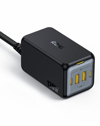 Aohi Magcube 4 Portlu Masaüstü USB Şarj İstasyonu, GaN+ 120W Hızlı Şarj Cihazı, Siyah