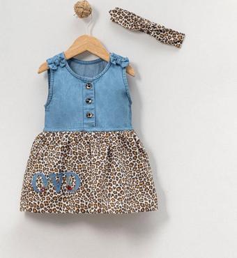 Kız Çocuk Leopar Desenli Kolsuz Kot  Elbise