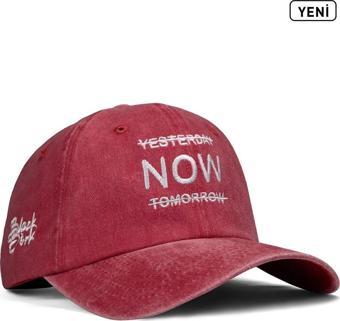 Black Börk Vintage Beyzbol Yesterday Now Tomorrow Nakışlı Kırmızı Şapka