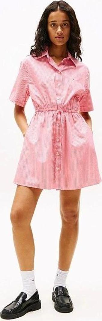Tommy Jeans Kadın Pembe Beyaz Çizgili Gömlek Elbise