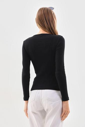 Kallima Siyah Fitted/Vücuda Oturan Bisiklet Yaka Fitilli Esnek Örme Body