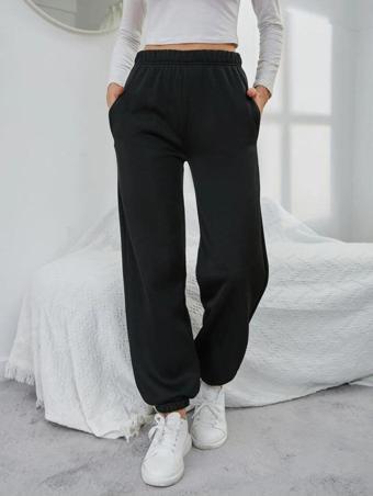 Kallima Siyah Kışlık Kalın Içi Polarlı Lastikli Paça Basic Jogger Eşofman Altı