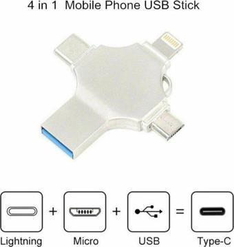Sedef Silver Flash Bellek 4 In 1 Usb Type-C Ios Lightning Otg Hepsi Bir Arada Usb 3.0 32 Gb