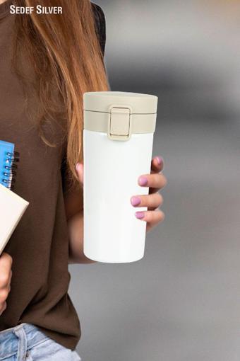 Sedef Silver Tek El Bas Iç Paslanmaz Çelik Termos 380 Ml Push Sızdırmaz Çift Katmanlı Travel Mug Thermos 522
