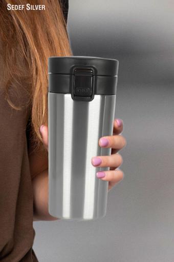 Sedef Silver Tek El Bas Iç Paslanmaz Çelik Termos 380 Ml Push Sızdırmaz Çift Katmanlı Travel Mug Thermos 522