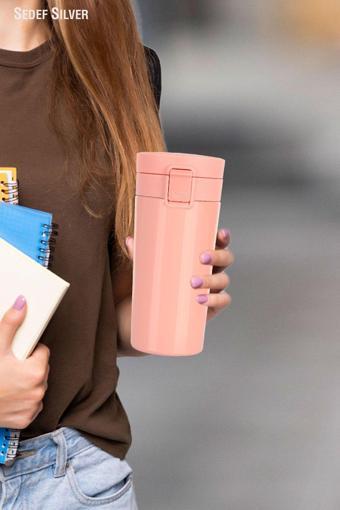 Sedef Silver Tek El Bas Iç Paslanmaz Çelik Termos 380 Ml Push Sızdırmaz Çift Katmanlı Travel Mug Thermos 522