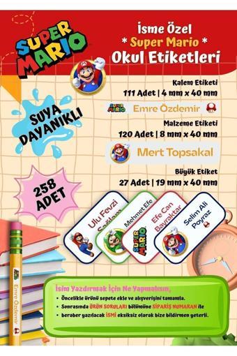 Super Mario Okul Etiketi Defter Etiketi Kalem Etiketi Kişiye Özel Suya Dayanıklı İsim Yazılabilien