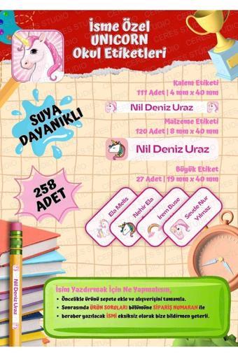 Unicorn Okul Etiketi Defter Etiketi Kalem Etiketi Kişiye Özel Suya Dayanıklı İsim Yazılabilien
