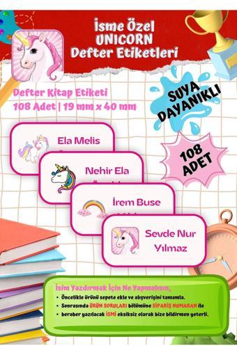 Unicorn Okul Etiketi Defter Etiketi Kitap Etiketi Kişiye Özel Suya Dayanıklı İsim Yazılabilien